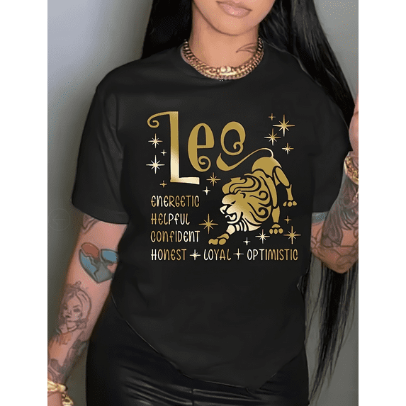Plus Size Women's Casual Shirt Leo Letters And The Golden Lion Graphic Loose Short Sleeves T-Shirt