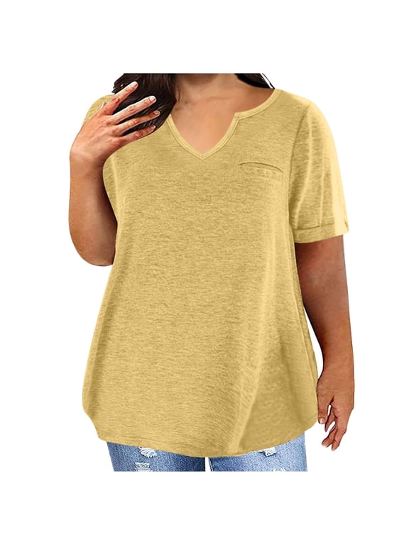 Plus Size Women's Casual Short Sleeve Blouse with Mock Pocket, Loose Fit Summer Top