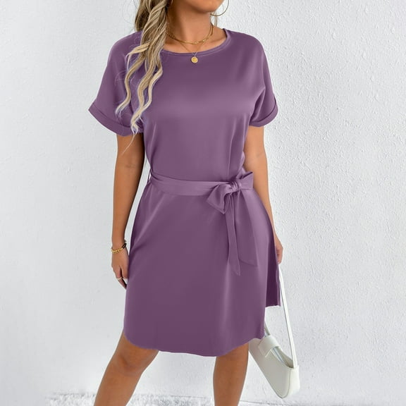 Plus Size Women's Casual Short Sleeve Dress With Bow Belt Round Neck Flowy Comfortable Party Vacation Spring Fall Everyday Wear Satin Dress plus Size plus Size Women Lace A Line Dress Long Formal