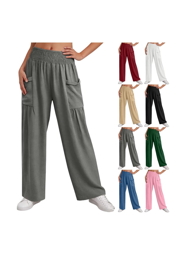 Plus Size Women's Casual Solid Color Pants, Elastic Waist Comfortable Fold Long Pants, Polyester Blend with Functional Pockets, Relaxed Fit Stretchy Trousers for Daily Wear,