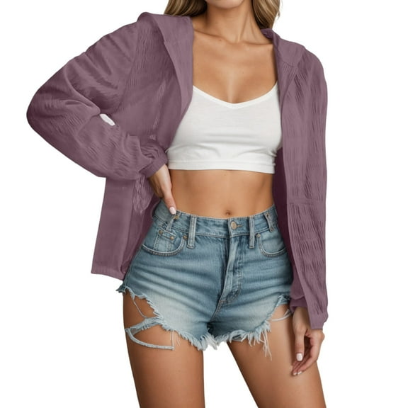 Plus Size Women's Casual Solid Color Zip Up Hooded Sun Jacket Lightweight Outerwear For Everyday Comfort winter coats for women