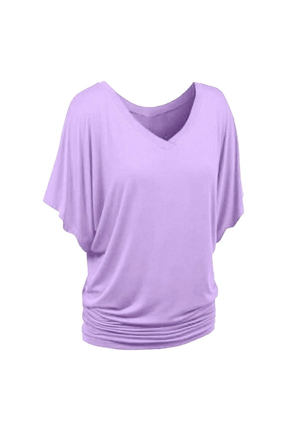 Plus Size Women's Casual Solid Short Sleeve Batwing Sleeve V-Neck Loose T-Shirt Blouse, Fashion Relaxed Fit Top for Everyday Wear