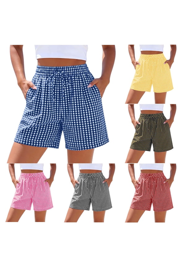 Plus Size Women's Checkered Mid Waist Elastic Drawstring Shorts, Double Pocket Loose Sporty Shorts, Soft Polycotton Casual Summer Bottoms, Lounge Workout Outdoor Wear | TPOLIU,Red 2XL