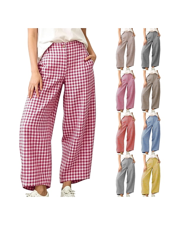 Plus Size Women's Checkered Wide Leg Pants, High Waisted Button Fly Casual Trousers with Side Pockets, Soft Cotton Blend Comfort Fit for Work Office | UKHCCC,Black 3XL