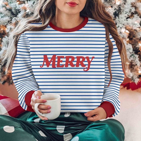 Plus Size Women's Christmas Pullover with Vintage Stripes Fleece Lining for Warm Casual Wear