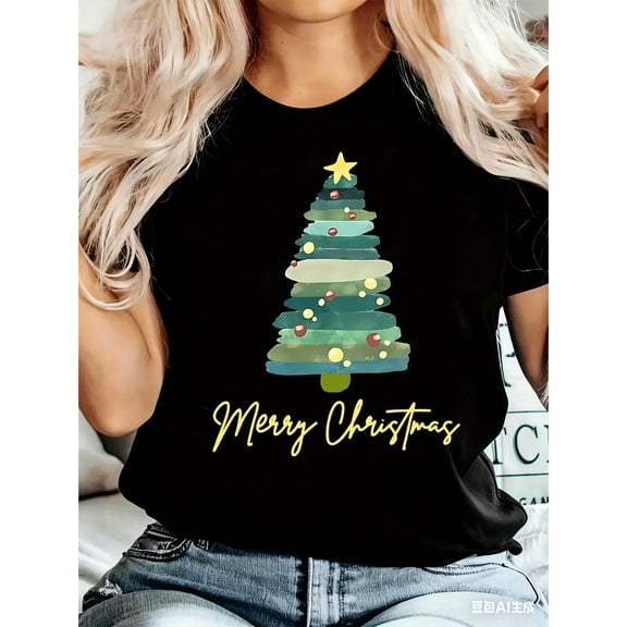 Plus Size Women's Christmas Tree & Letter Print Casual Sporty T-Shirt, Crew Neck Autumn Top