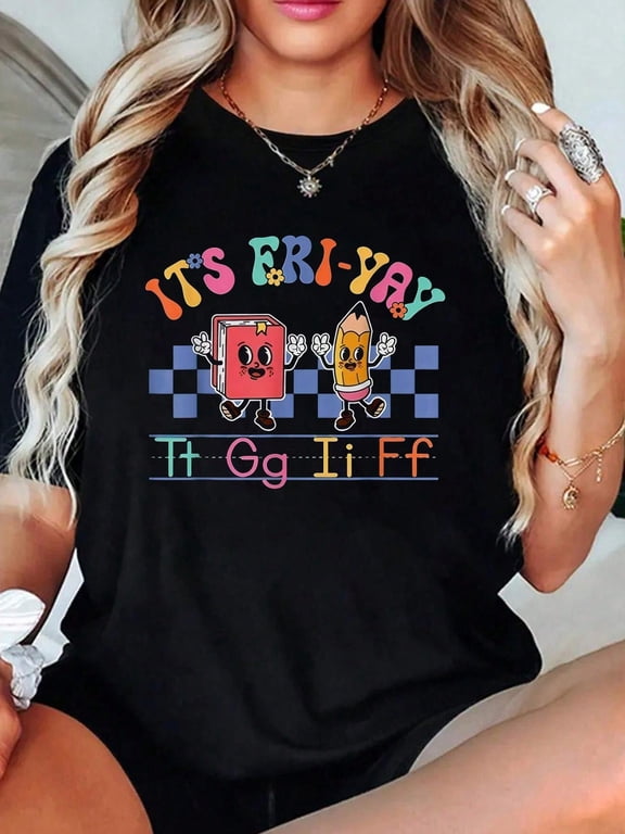 Plus Size Women's Clothing Happy Friday Lovers Fun FriYay TGIF Teacher School Print T-Shirt Casual Crew Neck Short Sleeve Comfort Tee Top For Spring & Summer