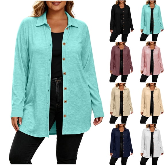 Plus Size Women's Collared Button Front Cardigan, Lightweight Loose Mid Length Outerwear for Daily Casual Green L