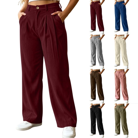 Plus Size Women's Corduroy High Waist Pleated Wide Leg Pants, Hidden Elastic Back Waist Button Closure Side Pocket Trousers, Versatile Office Loungewear All Season | TruHer,Gray 3XL