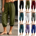 thumbnail image 1 of Plus Size Women's Cotton Linen High Waist Pleated Three Quarter Capri Pants, Elastic Drawstring Pocket Loose Trousers, Breathable Four Season Casual Sport | TruHer,Gray 2XL, 1 of 9