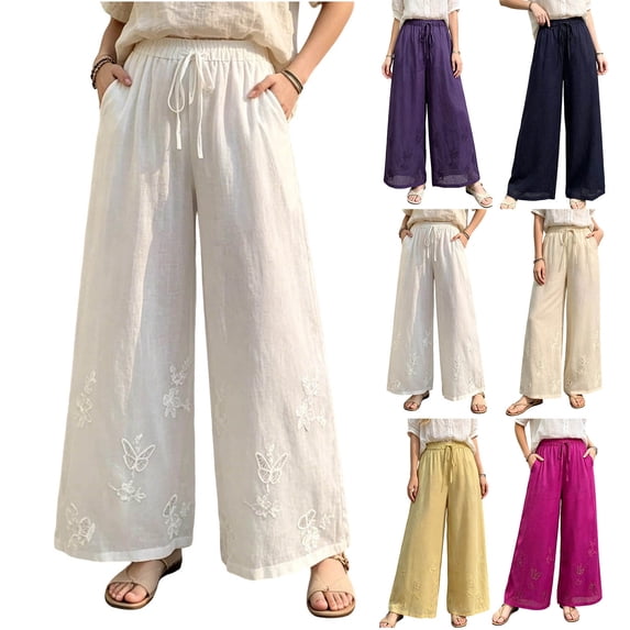 Plus Size Women's Cotton Linen Wide Leg Pants With Pockets, Mid Elastic Waist Drawstring Flowy Soft Pants, Casual Lounge Business Summer Beach Trousers for Women | UKHCCC,Hot Pink 3XL
