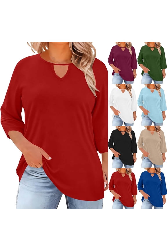 Plus Size Women's Crewneck Three Quarter Sleeve Top T-Shirt Base Layer with Front Cutout Solid Color Loose Fit Casual Everyday Wear | CSEONE,Army Green XL