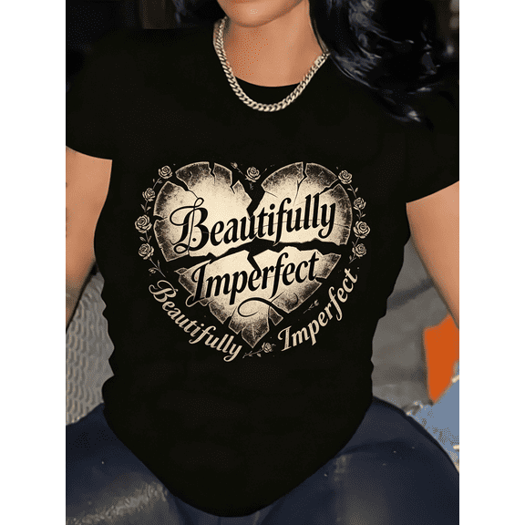 Plus Size Women's Dark Cracked Broken Heart Graphic T-Shirt, Beautifully Imperfect Curved Handwritten Slogan Tee, Soft Polyester Comfort Round Neck Short Sleeve Top, Machine Washable All Season Casua
