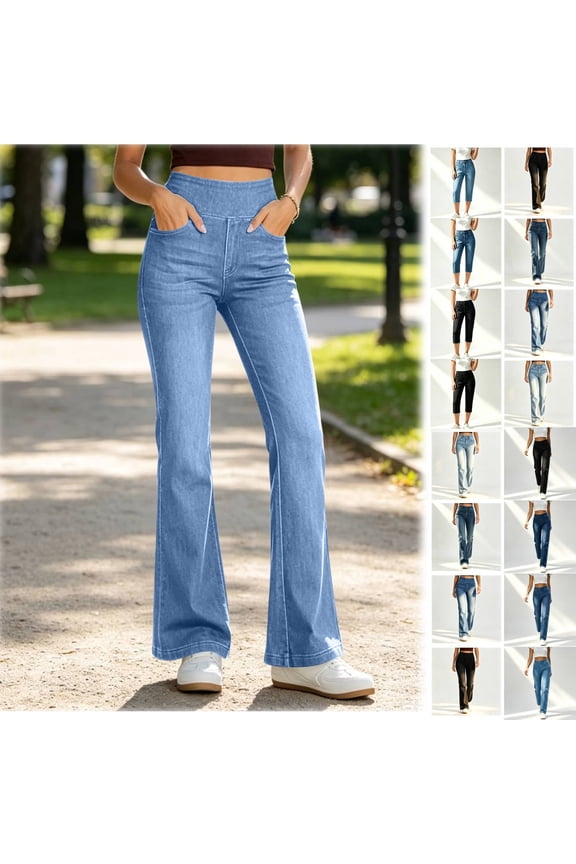 Plus Size Women's Denim Flared Long Pants, High Elastic Waist Multi Pocket Stretch Pull-On Trousers, Vintage Casual Daily Sports | TruHer,Blue 2XL