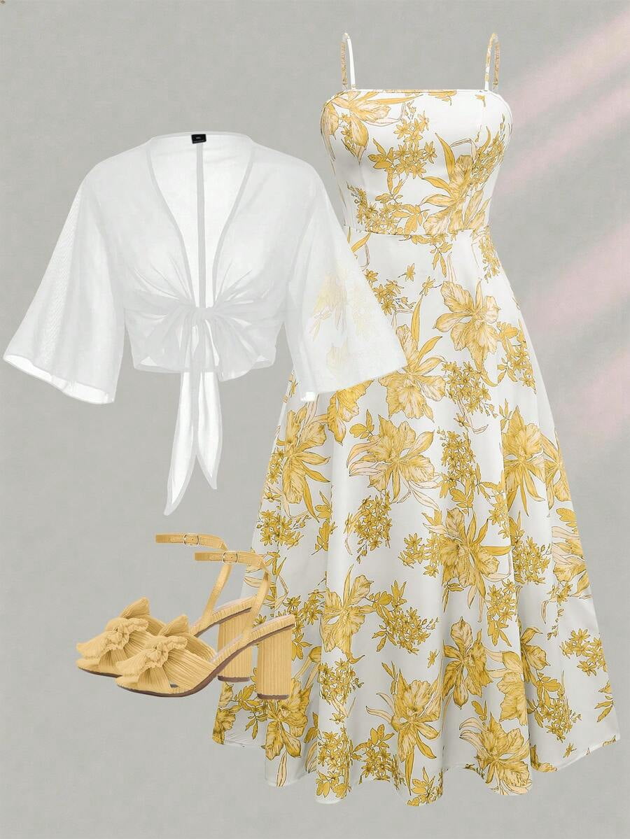 ditsy floral chiffon dress Plus Size Women's Ditsy Floral Chiffon Dress With Elegant Cardigan Set