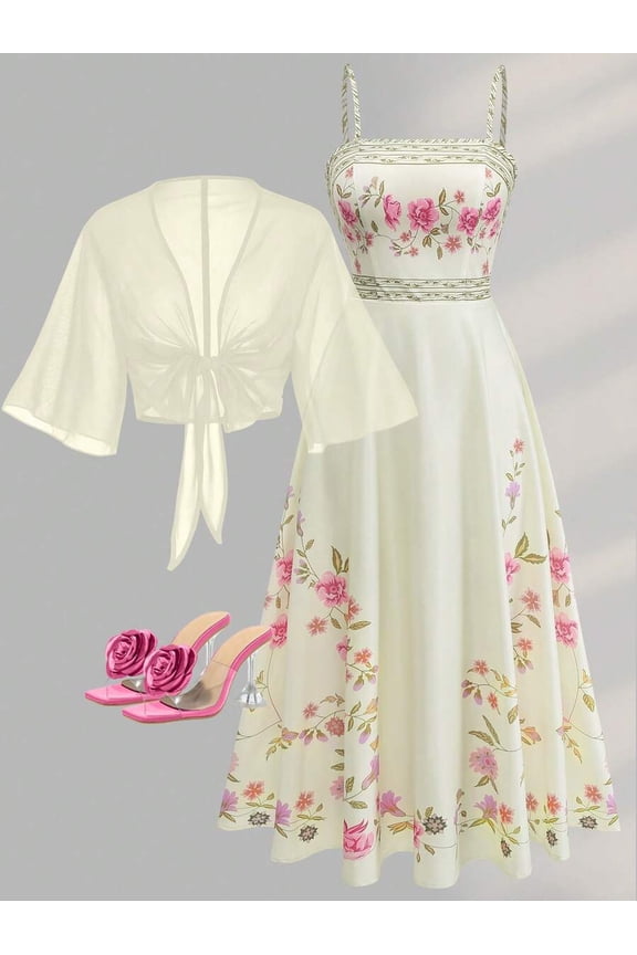 Plus Size Women's Ditsy Floral Chiffon Dress With Elegant Cardigan Set - Purple White Summer Flower Dress