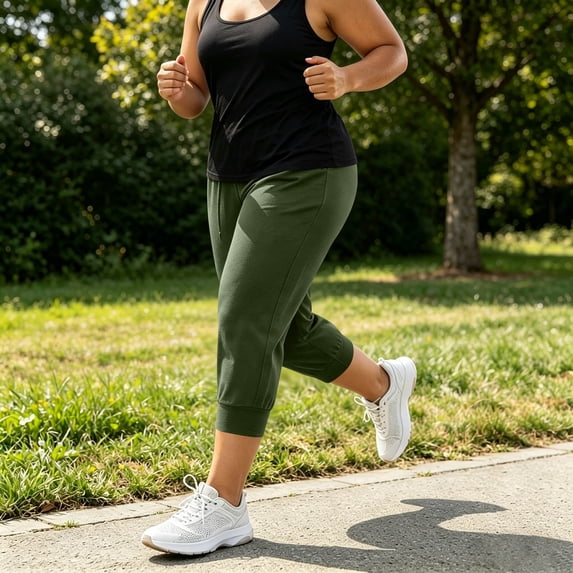 Plus Size Women's Drawstring Capris Jogger Elastic Cuff Hem Casual Sporty Cropped Pants with Pockets Green XL
