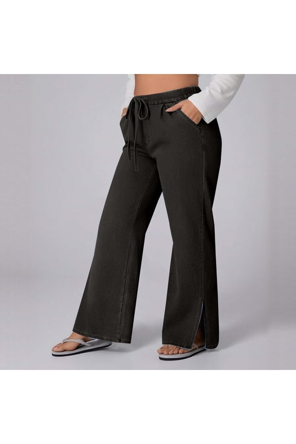 Plus Size Women's Drawstring Wide Leg Jeans High Waist Elastic Straight Full Length Denim Pants with Side Slit Bottom Curvy Jeans for Women Black XXL