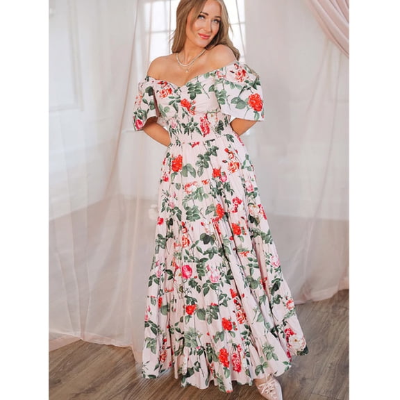 Plus Size Women's Dress Floral Print Short Sleeve Long Dress Lightweight Pink Rose Formal Dress V-Neck