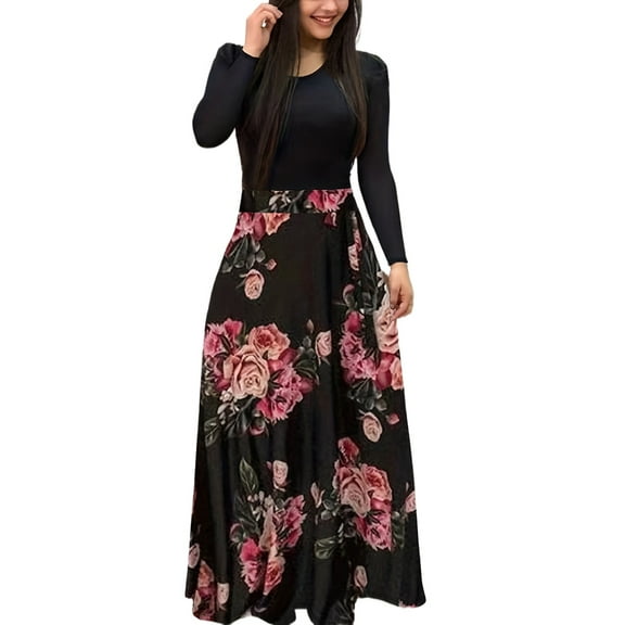 Plus Size Women's Dress Flower Print Round Neck Long Sleeve Elegant Dress