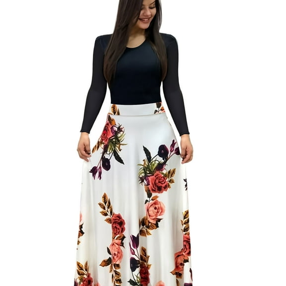 Plus Size Women's Dress Flower Print Round Neck Long Sleeve Elegant Dress