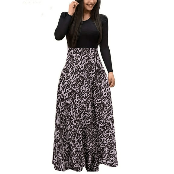 Plus Size Women's Dress Flower Print Round Neck Long Sleeve Elegant Dress