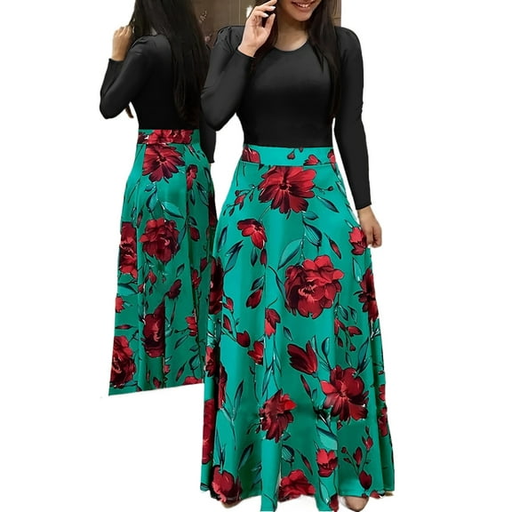 Plus Size Women's Dress Flower Print Round Neck Long Sleeve Elegant Dress