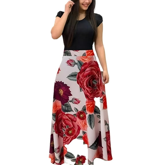 Plus Size Women's Dress Flower Print Round Neck Short Sleeve Elegant Dress