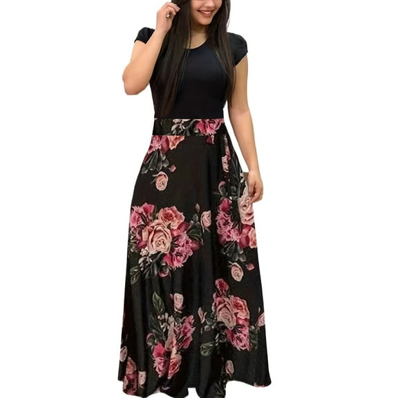 Plus Size Women's Dress Flower Print Round Neck Short Sleeve Elegant Dress