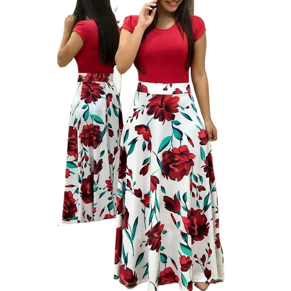 Plus Size Women's Dress Flower Print Round Neck Short Sleeve Elegant Dress