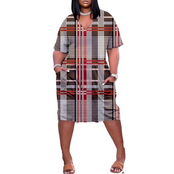 Plus Size Women's Dress Geometric Pattern Print V Neck Short Sleeve Pocket Elegant Dress