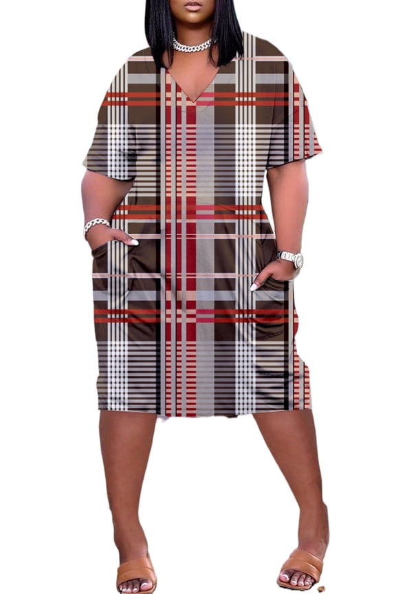Plus Size Women's Dress Geometric Pattern Print V Neck Short Sleeve Pocket Elegant Dress