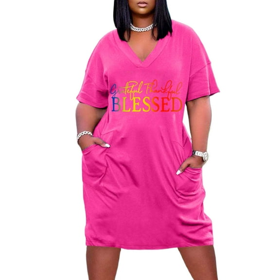 Plus Size Women's Dress Gradient Letter Print V-Neck Short Sleeve Pocket Elegant Dress