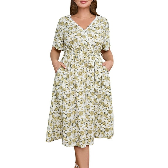 Plus Size Women's Dress Loose Flared Sleeve Maxi Dress Fresh Printed Mid Length Skirt Body Shaping Wide Fit Dress Beach Vacation Casual Wear XXL-XXXXL