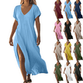 thumbnail image 1 of Plus Size Women's Dress Solid Color Maxi Dresses with Cotton Linen Short Sleeved V-neck Side Slit Dress Side Pockets Long Skirt Summer Vacation Holiday Beach Party S-XXL, 1 of 7
