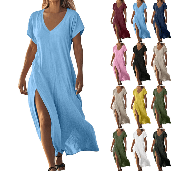 Plus Size Women's Dress Solid Color Maxi Dresses with Cotton Linen Short Sleeved V-neck Side Slit Dress Side Pockets Long Skirt Summer Vacation Holiday Beach Party S-XXL