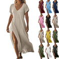 thumbnail image 1 of Plus Size Women's Dress Solid Color Maxi Dresses with Cotton Linen Short Sleeved V-neck Side Slit Dress Side Pockets Long Skirt Summer Vacation Holiday Beach Party S-XXL, 1 of 7
