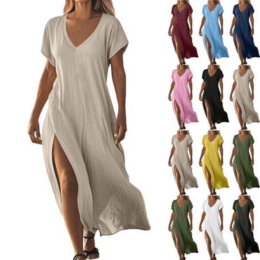 Plus Size Women's Dress Solid Color Maxi Dresses with Cotton Linen Short Sleeved V-neck Side Slit Dress Side Pockets Long Skirt Summer Vacation Holiday Beach Party S-XXL