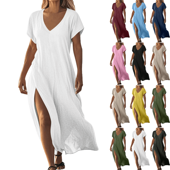 Plus Size Women's Dress Solid Color Maxi Dresses with Cotton Linen Short Sleeved V-neck Side Slit Dress Side Pockets Long Skirt Summer Vacation Holiday Beach Party S-XXL