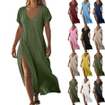 thumbnail image 1 of Plus Size Women's Dress Solid Color Maxi Dresses with Cotton Linen Short Sleeved V-neck Side Slit Dress Side Pockets Long Skirt Summer Vacation Holiday Beach Party S-XXL, 1 of 7