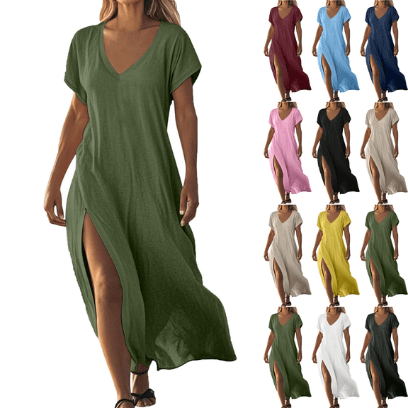 Plus Size Women's Dress Solid Color Maxi Dresses with Cotton Linen Short Sleeved V-neck Side Slit Dress Side Pockets Long Skirt Summer Vacation Holiday Beach Party S-XXL