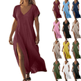 thumbnail image 1 of Plus Size Women's Dress Solid Color Maxi Dresses with Cotton Linen Short Sleeved V-neck Side Slit Dress Side Pockets Long Skirt Summer Vacation Holiday Beach Party S-XXL, 1 of 7
