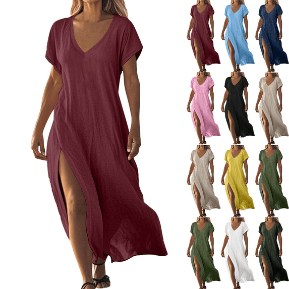 Plus Size Women's Dress Solid Color Maxi Dresses with Cotton Linen Short Sleeved V-neck Side Slit Dress Side Pockets Long Skirt Summer Vacation Holiday Beach Party S-XXL