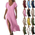 thumbnail image 1 of Plus Size Women's Dress Solid Color Maxi Dresses with Cotton Linen Short Sleeved V-neck Side Slit Dress Side Pockets Long Skirt Summer Vacation Holiday Beach Party S-XXL, 1 of 7