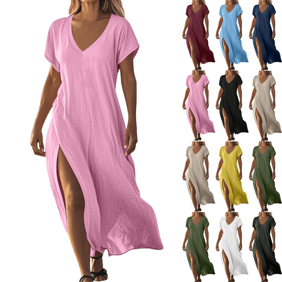 Plus Size Women's Dress Solid Color Maxi Dresses with Cotton Linen Short Sleeved V-neck Side Slit Dress Side Pockets Long Skirt Summer Vacation Holiday Beach Party S-XXL