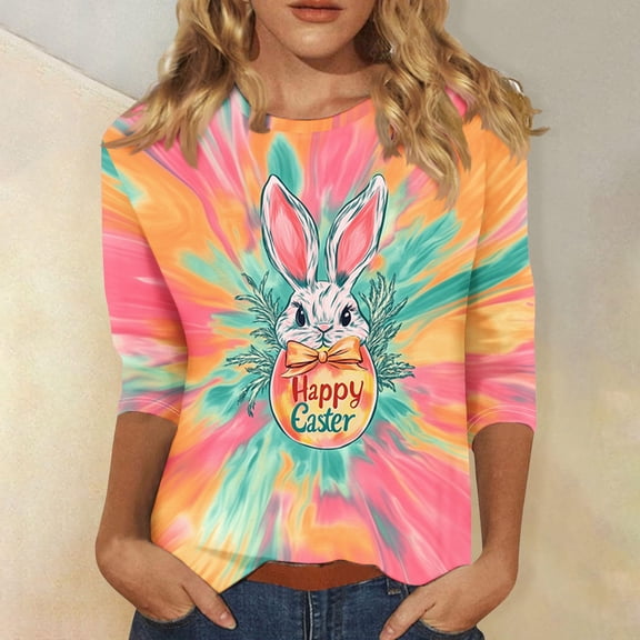 Plus Size Women's Easter Graphic Print 3/4 Sleeve Round Neck Loose T-Shirt For Spring Holiday Casual Wear