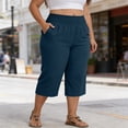 thumbnail image 1 of Plus Size Women's Elastic Waist Capris Pants Lightweight Loose Fitting Casual Cropped Trousers for Summer Vacation Blue 5XL, 1 of 8