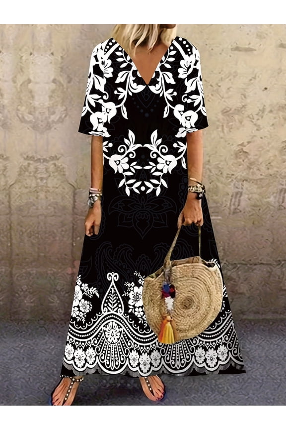Plus Size Women's Elegant Floral V Neck Short Sleeve Maxi Dress - Soft, Comfortable, Flowy Design - Perfect for Summer, Beach and Outdoor Occasions