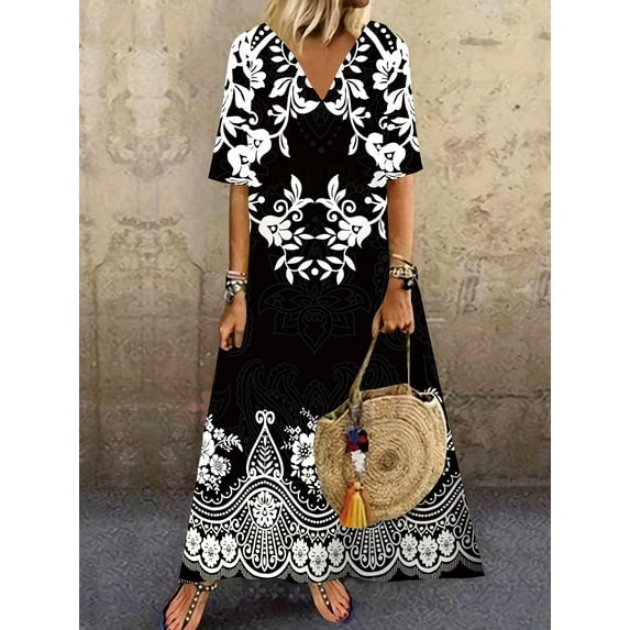Plus Size Women's Elegant Floral V Neck Short Sleeve Maxi Dress - Soft, Comfortable, Flowy Design - Perfect for Summer, Beach and Outdoor Occasions