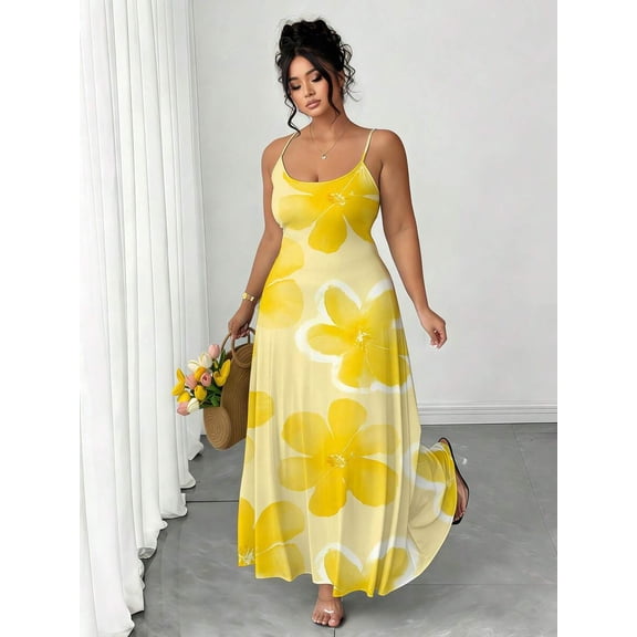 Plus Size Women's Elegant Long Printed Knit Maxi Dress with Spaghetti Straps